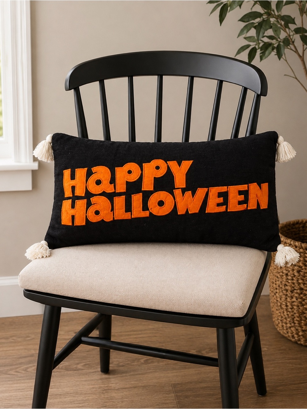 Happy Halloween ghost tassel pillow NWT